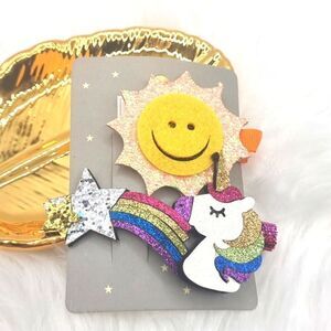 3 pc GIRLS HAIR CLIP SET sun unicorn star rainbow